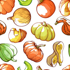 Pumpkins hand drawn vector color seamless pattern