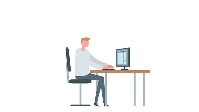 Flat cartoon colorful man character animation. Male computer typing work situation