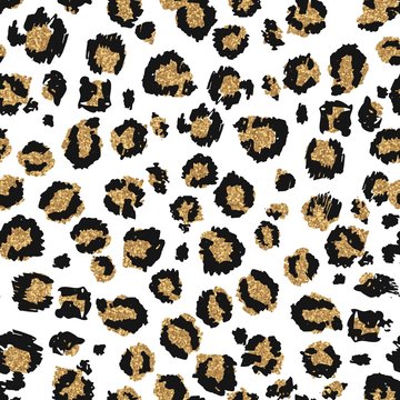Seamless leopard pattern with gold glitter design vector illustration. Fashion cover with animal fur spots in yellow color. Wrap or card with exotic zoo decoration