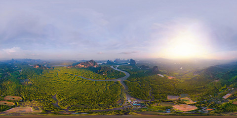 360 panorama by 180 degrees angle seamless panorama view of aerial top view of Samet Nangshe and tropical green forest trees at sunset with Andaman sea in Phang Nga Bay, Thailand. Natural landscape.