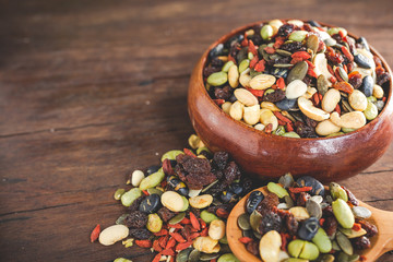 The grains were in a wooden cup and overflowed on a dark brown wood floor.