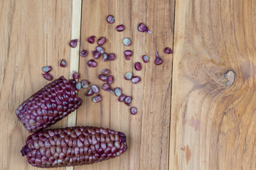 The red Indian corn is blessed and the lambs are laid on a light brown wood floor.