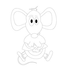 Funny cartoon cute vector mouse in a  jacket holding a piece of cheese in his hands. Outline illustration.