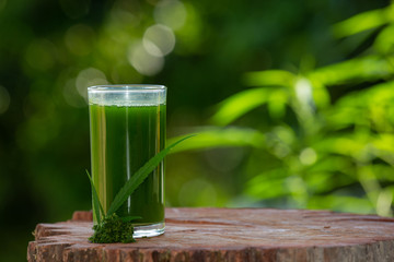 Smoothie cannabis juice that is placed on a wooden floor and has a natural green background.