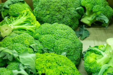 fresh broccoli close up on the counter market