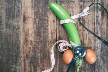 Eggplant that is made into the concept of a male penis and has a tape measure wrapped around it.