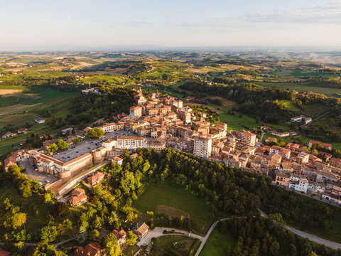 Drone aerial view of Moncalvo Monferrato, unesco world heritage