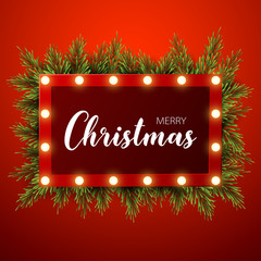 Christmas background with fir branches, light sign on red background, vector illustration