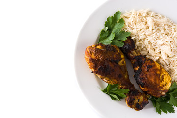 Roasted tandoori chicken isolated on white background. Top view. Copy space