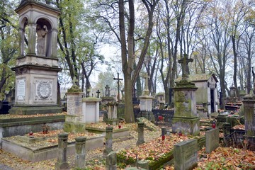 Fototapeta premium Tombstones and trees at the old cemetery.