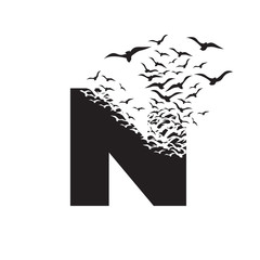 letter N with effect of destruction. Dispersion. Birds