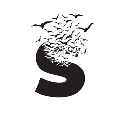 letter S with effect of destruction. Dispersion. Birds