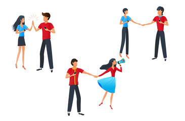Vector illustration of communication and connection, business dialog, cartoon man and woman characters holding smartphones and giving high five, social networking, chat, search friends, online dating