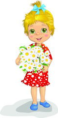 Cute Little girl holding a  bouquet of daisies chamomile vector illustration. In cartoon style. Clipart Isolated on white background
