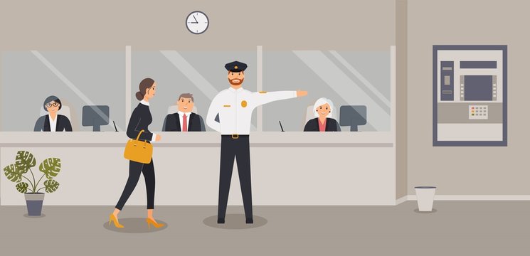 Bank office interior: Bank clerks sit behind barrier with glass, ATM or cash machine.Elegant interior financial institution. Hall with bank counter with clients and security guard. Vector illustration