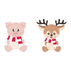 cartoon cute deer with scarf and winter pig sitting vector