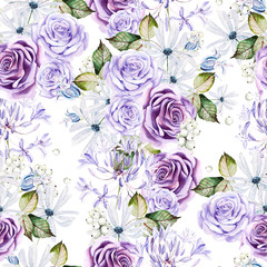 Beautiful watercolor seamless pattern with  white and purple roses, bud and flowers.