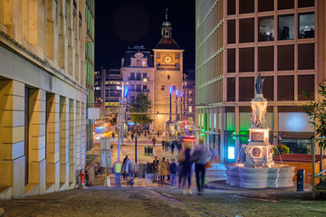 City life at night in Geneva, Switzerland. Cityscape.