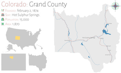 Fototapeta premium Large and detailed map of Grand county in Colorado, USA