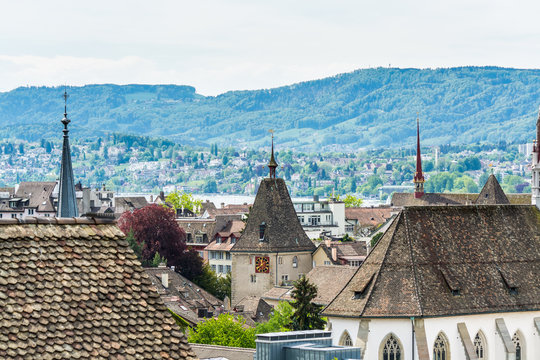 Panorama of city view of old downtown of Zurich city, with beautiful house at the bank of Limmat River of Switzerland, view from ZTH campus.