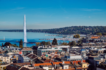 The highest fountain in Geneva, Switzerland  in the autumn.