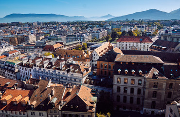  View from the tower of Geneva Cathedral to  Geneva, Switzerland.