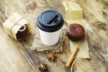 Coffee table. Cup with a hot coffee drink. A set of fragrant cookies for breakfast for the holiday.