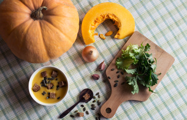 On a table with a checkered cloth there is a cup with mashed soup, pumpkin, spoon, pumpkin seeds, onions, garlic and a cutting board with herbs.