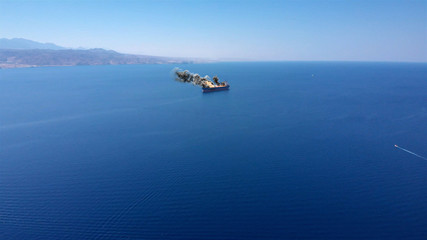 Large Ship under attack in Persian gulf sea With fire Smoke And Helicopter Aerial Illstration