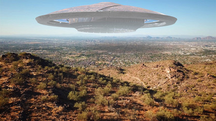 Alien Spaceship Soucer Hovering over Phoenix Arizona City Illustration