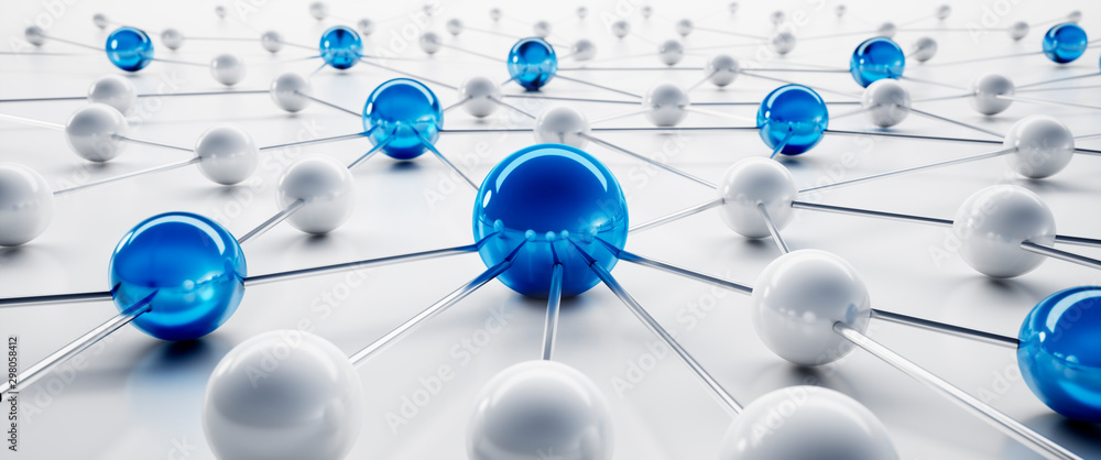 Wall mural blue and white sphere network structure - abstract design connection design - 3d illustration