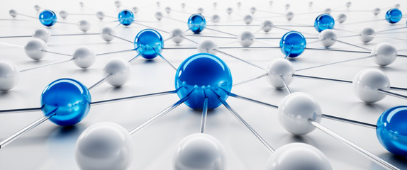 Blue and white sphere network structure - abstract design connection design - 3D illustration	