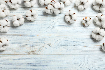 Flat lay composition with cotton flowers on white wooden background. Space for text