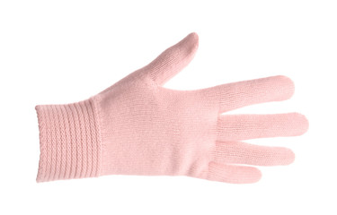 Woman wearing pink glove on white background, closeup. Autumn clothes