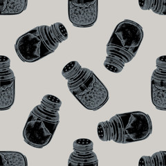 Seamless pattern with hand drawn stylized pepper shaker, salt shaker