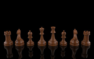 3d rendering. wooden chess set collection team on black background. Teamwork concept.