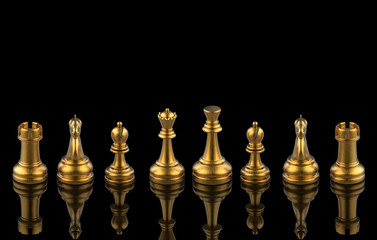 3d rendering. Golden chess set collection team on black background. Teamwork concept.