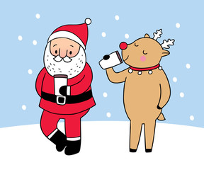 Cartoon cute Christmas Santa claus and reindeer drinking coffee vector.
