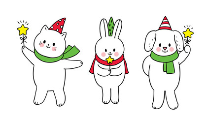 Cartoon cute Christmas, Polar bear and rabbit and snow fox and star vector.