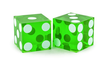 Two green professional game dice closeup isolated on a white background / one and three with a light shadow.