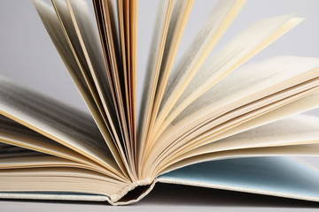Closeup view of open book on light background