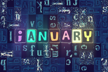Word January month with glow letters as neon glowing symbols