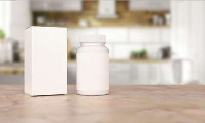 Blank Plastic Packaging Bottle with Box on Kitchen Background. Food supplement package for capsules.	