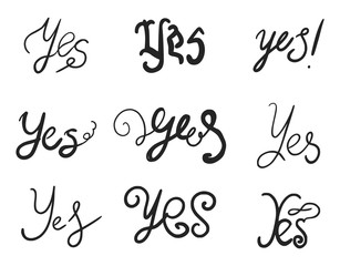 Set of yes words calligraphic hand drawn icons