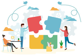 Business concept. Team metaphor. people connecting puzzle elements. Vector illustration flat design style. Symbol of teamwork, cooperation, partnership.