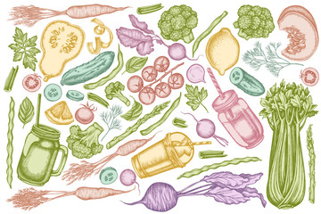 Vector set of hand drawn pastel lemons, broccoli, radish, green beans, cherry tomatoes, beet, greenery, carrot, basil, pumpkin, smoothie cup, smothie jars, cucumber, celery
