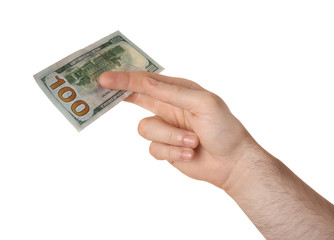 Man with dollar bill on white background, closeup