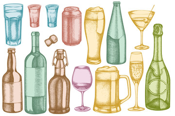 Vector set of hand drawn pastel glass, champagne, mug of beer, alcohol shot, bottles of beer, bottle of wine, glass of champagne, glass of wine, glass of martini, aluminum can