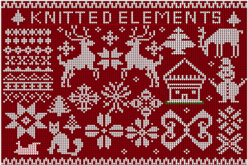Set of Christmas knitted elements and decorations. Knitted deer, snowflakes, ornament, Christmas tree on a red background.