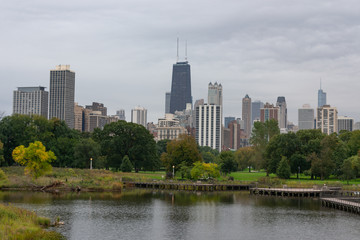 Fototapeta na wymiar Chicago Skyline and South Pond in Lincoln Park Chicago